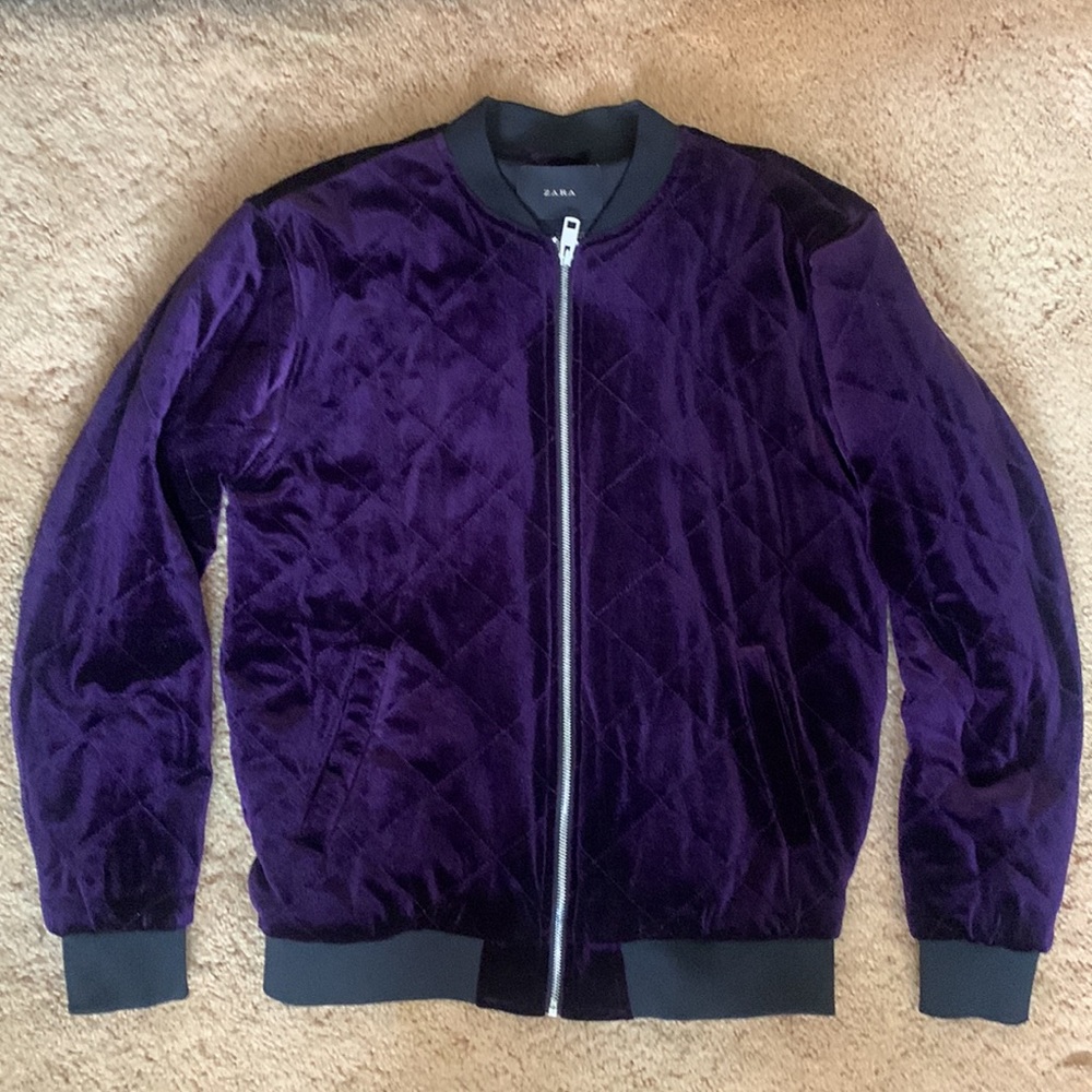Zara Men's Quilted Purple Zip-Up Velvet Bomber Jacket Sz. L